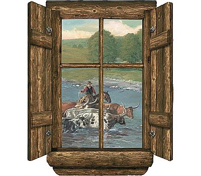 Log Window - Cattle Drive Accent Mural WK9881M