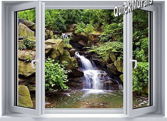 Mountain Waterfall Window 1-Piece Peel and Stick Mural Roomsetting