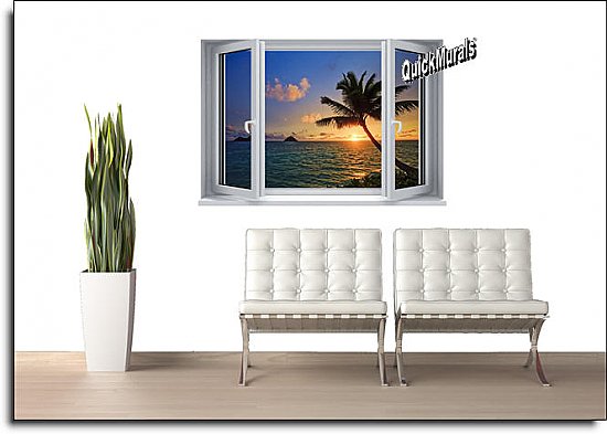 Sunset Palm Window One-piece Peel and Stick Canvas Wall Mural