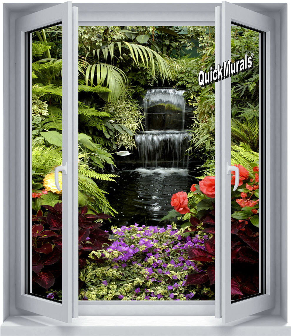 Floral Waterfall Window 1-Piece Peel and Stick Wall Mural |Peel & Stick