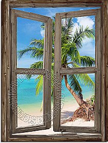 Beach Cabin Window Mural #4 One-piece Peel and Stick Canvas Wall Mural