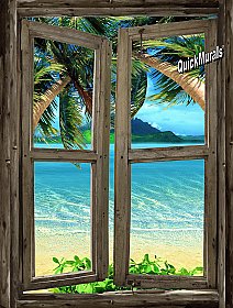 Beach Cabin Window Mural #7 One-piece Peel and Stick Canvas Wall Mural