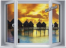 Sunset Resort Window One-piece Peel and Stick Canvas Wall Mural