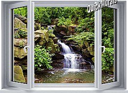 Mountain Waterfall Window One-piece Peel and Stick Canvas Wall Mural