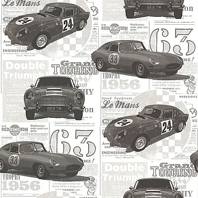 Road Trip Charcoal Antique Cars Wallpaper