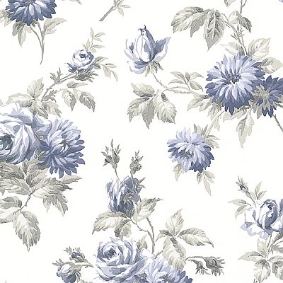 Charlotte Blue Vintage Rose Toss Wallpaper