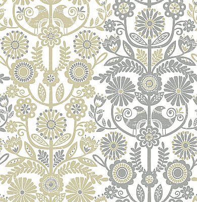 Lovebirds Grey Folk Stripe Wallpaper