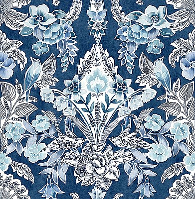 Vera Blue Floral Damask Wallpaper