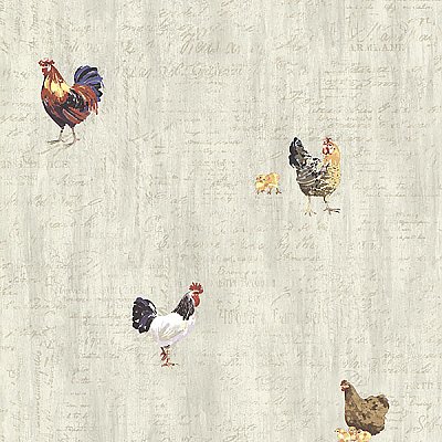 Lisle Grey Roosters & Script Wallpaper