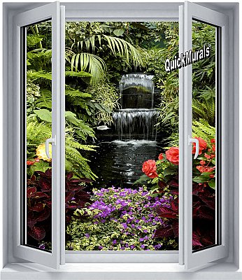 Floral Waterfall Window 1-Piece Peel and Stick Canvas Wall Mural