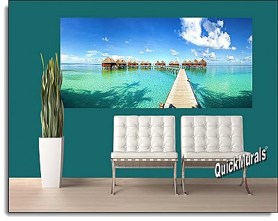 Maldives Beach Resort Panoramic One-piece Peel & Stick Canvas Wall Mural Roomsetting