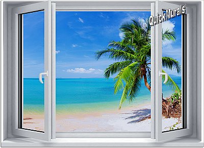Tropical Beach Window #2 One-Piece Canvas Peel and Stick Wall Mural 