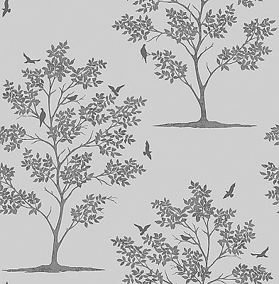 Woodland Grey Trees & Birds Wallpaper
