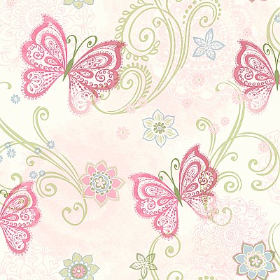 Fantasia Pink Boho Butterflies Scroll Wallpaper