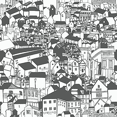 Lissabon Black Village Motif Wallpaper