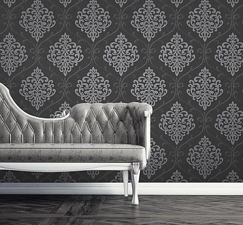 Ambrosia Charcoal Glitter Damask Wallpaper