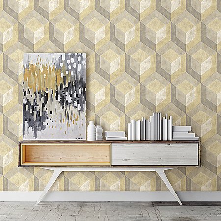 Rustic Wood Tile Honey Geometric Wallpaper