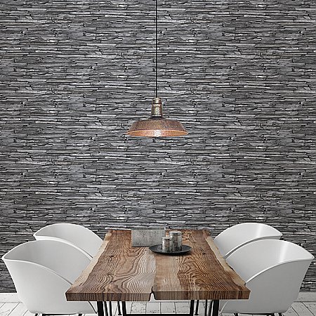 Stacked Slate Charcoal Industrial Wallpaper