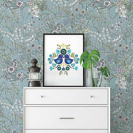 Full Bloom Blue Floral Wallpaper