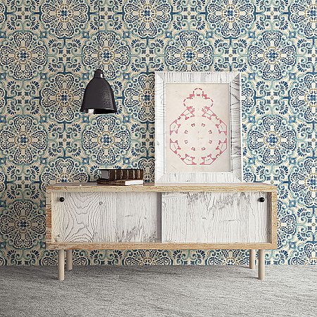 Florentine Blue Faux Tile Wallpaper