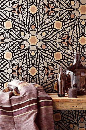 Caspian Brown Swirling Flocked Geometric Wallpaper
