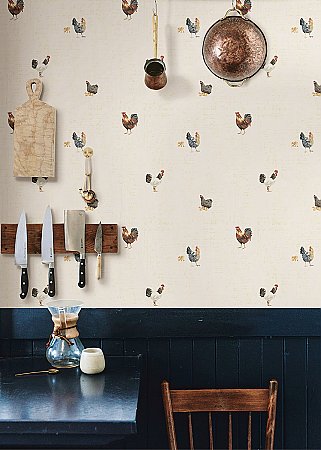 Lisle Cream Roosters & Script Wallpaper
