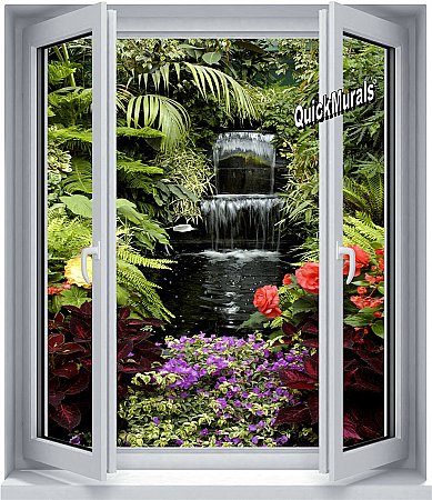 Floral Waterfall Window 1-Piece Peel and Stick Canvas Wall Mural