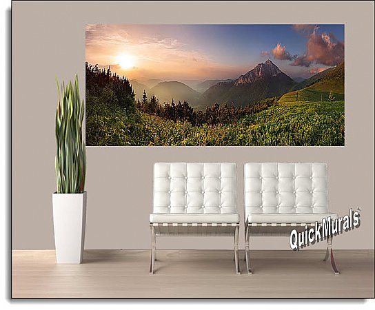 Mountain Sunrise Panoramic One-piece Peel & Stick Canvas Wall Mural Roomsetting