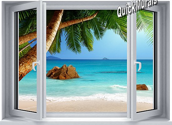 Secluded Beach Window 1-Piece Peel and Stick Canvas Mural 