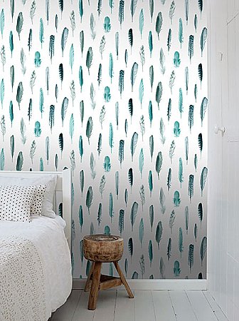 Nala Turquoise Feathers Wallpaper