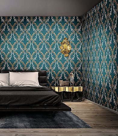 Dis Rumba Blue Scroll Damask Wallpaper