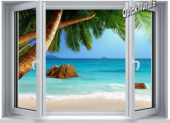 Secluded Beach Window 1-Piece Peel and Stick Canvas Mural
