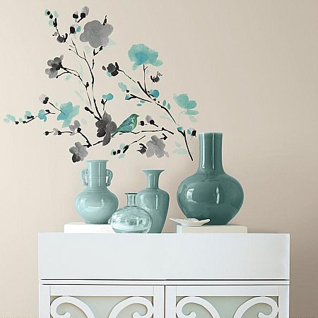 BLOSSOM WATERCOLOR BIRD BRANCH PEEL AND STICK WALL DECALS
