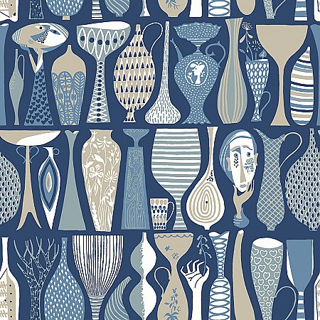 Pottery Blue Folk Wallpaper