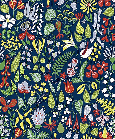 Herbarium Navy Floral Motif Wallpaper