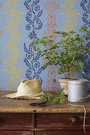 Anja Blue Ornate Stripe Wallpaper