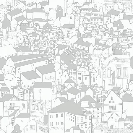 Lissabon Grey Village Motif Wallpaper